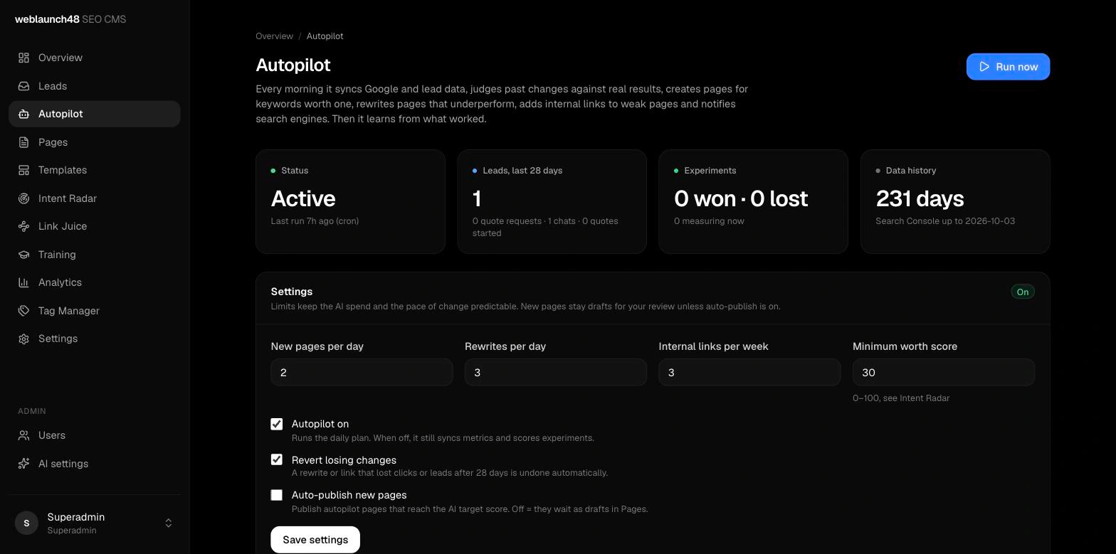 Autopilot screen: daily data sync, experiments and settings