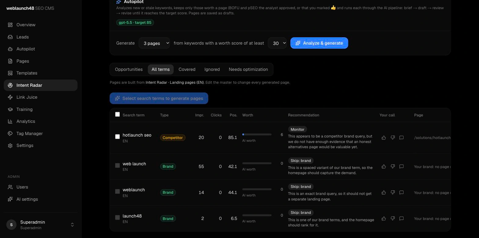 Intent Radar: search terms classified by type with a worth score and recommendation