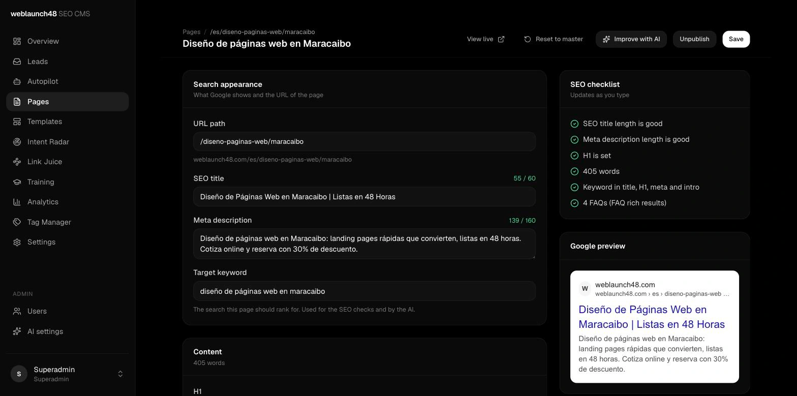 Page editor with SEO checklist and Google preview